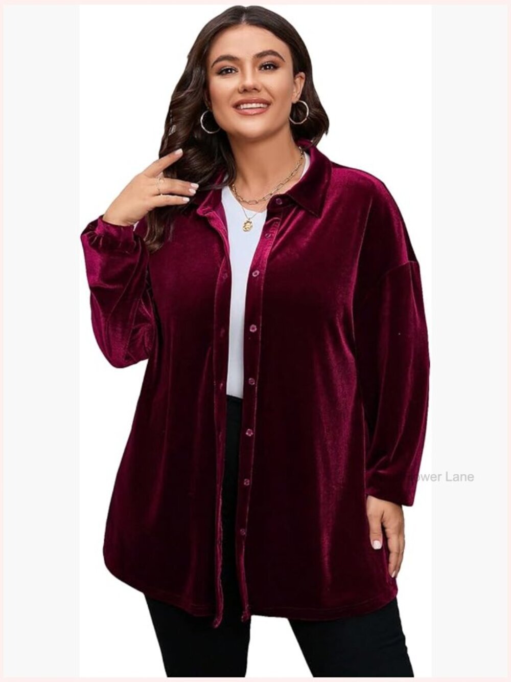 Plus Size Button Front Long Sleeve Velvet Top Shirt